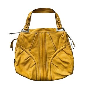 B. Makowsky Mustard Yellow Leather Womens Shoulder Hobo Tote Bag Preowned